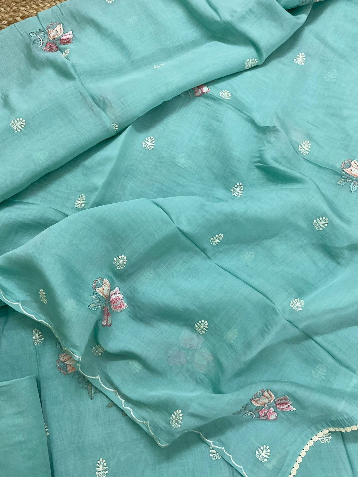 Pure Muslin Embroidered Suit - Sea Blue