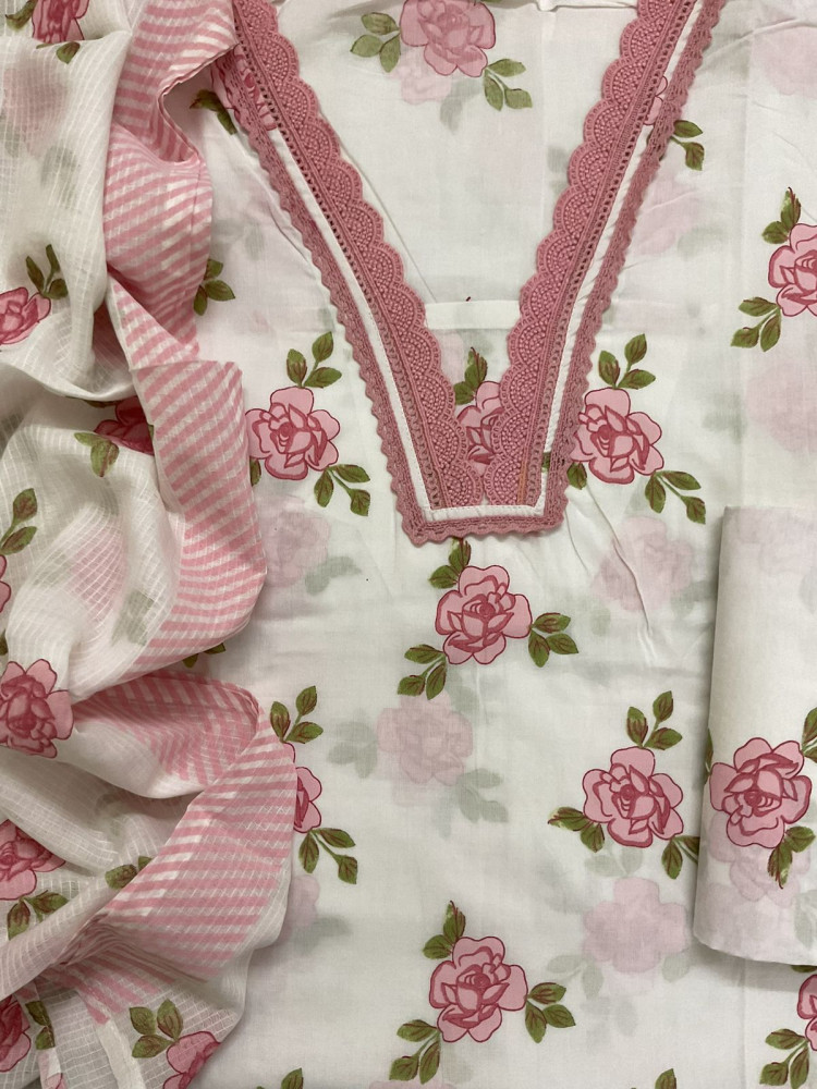 Image of Pure Cotton Printed Embroidered Suit - Off White