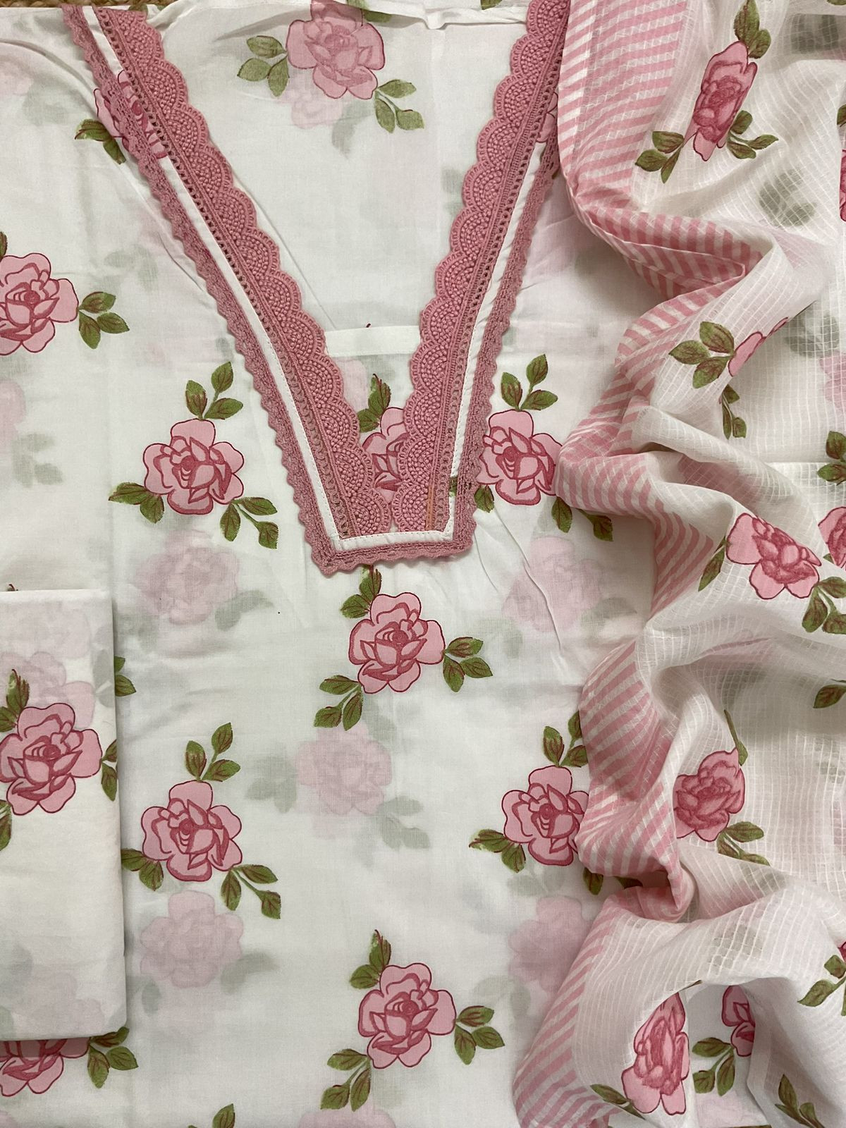 Pure Cotton Printed Embroidered Suit - Off White