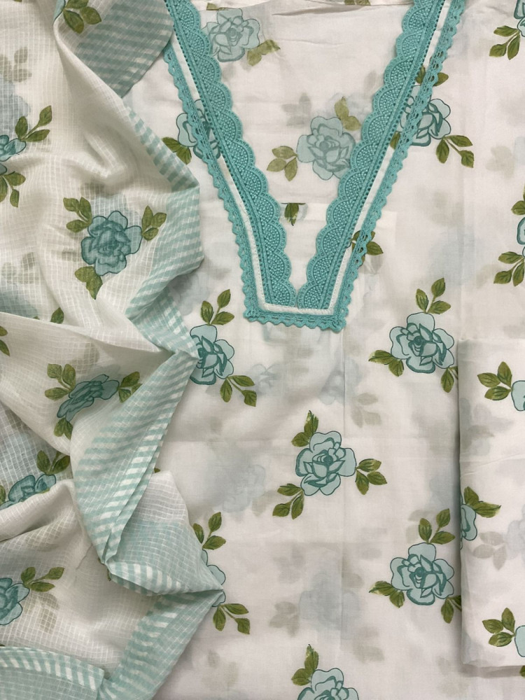 Image of Pure Cotton Printed Embroidered Suit - Off White