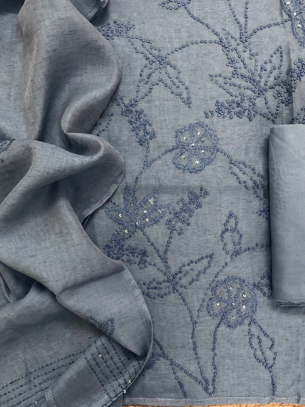 Pure Slub Chanderi Embroidered Suit - Blue