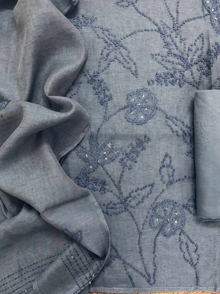 Image of Pure Slub Chanderi Embroidered Suit - Blue