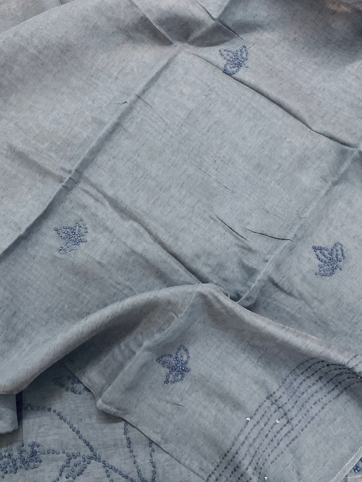 Pure Slub Chanderi Embroidered Suit - Blue