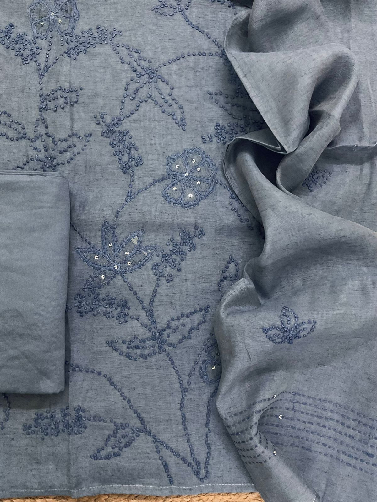 Pure Slub Chanderi Embroidered Suit - Blue