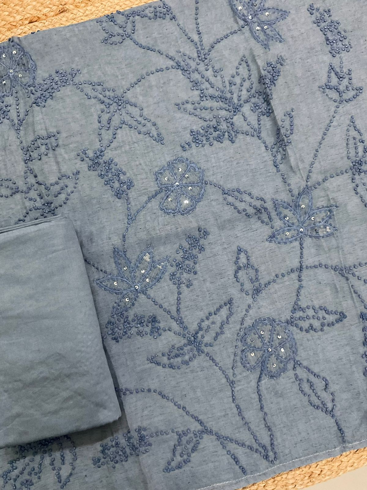 Pure Slub Chanderi Embroidered Suit - Blue
