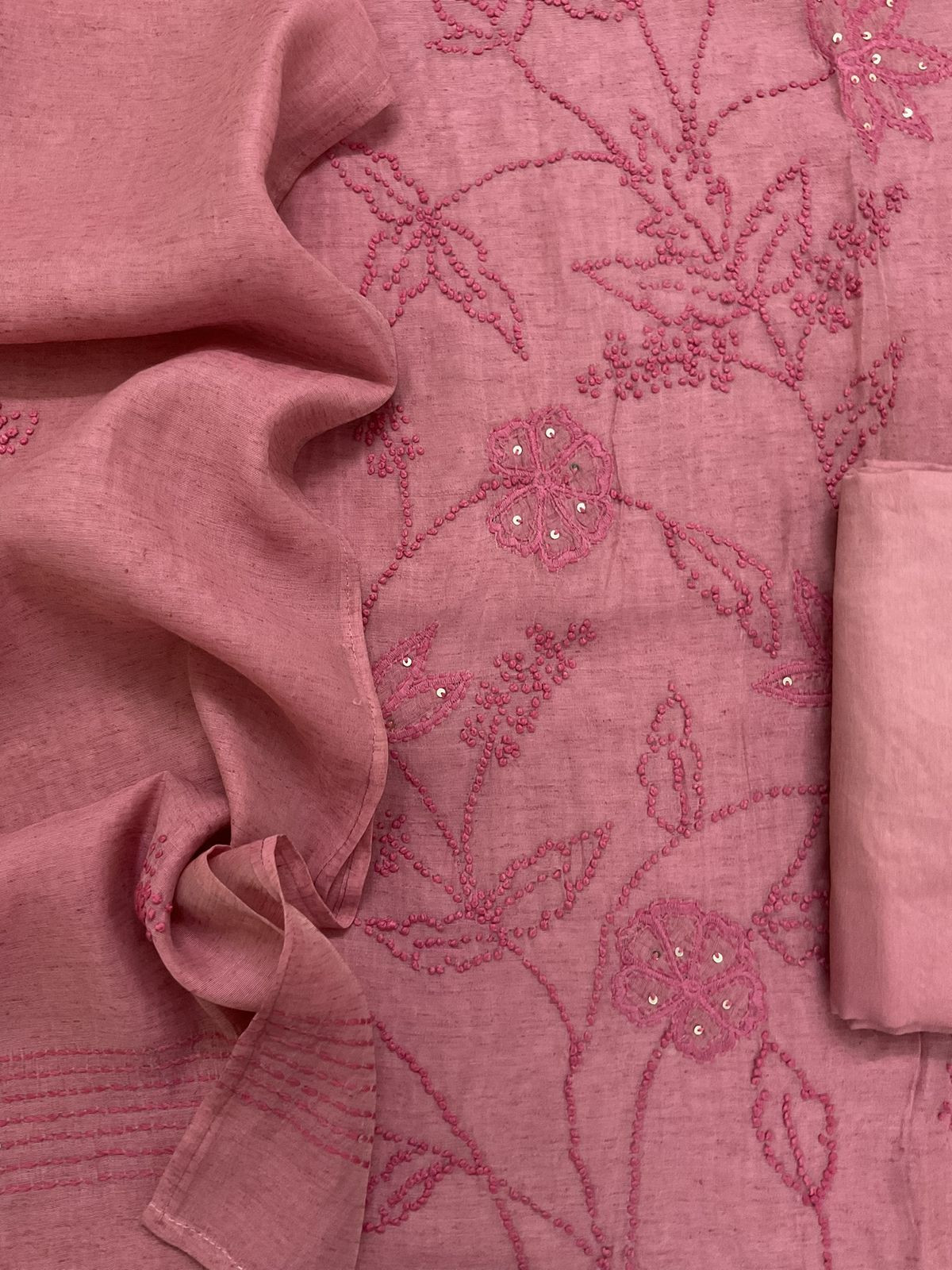 Pure Slub Chanderi Embroidered Suit - Pink