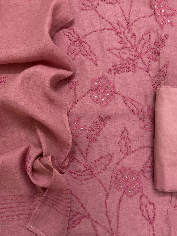 Image of Pure Slub Chanderi Embroidered Suit - Pink