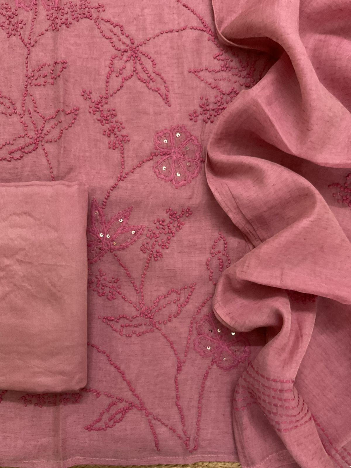 Pure Slub Chanderi Embroidered Suit - Pink