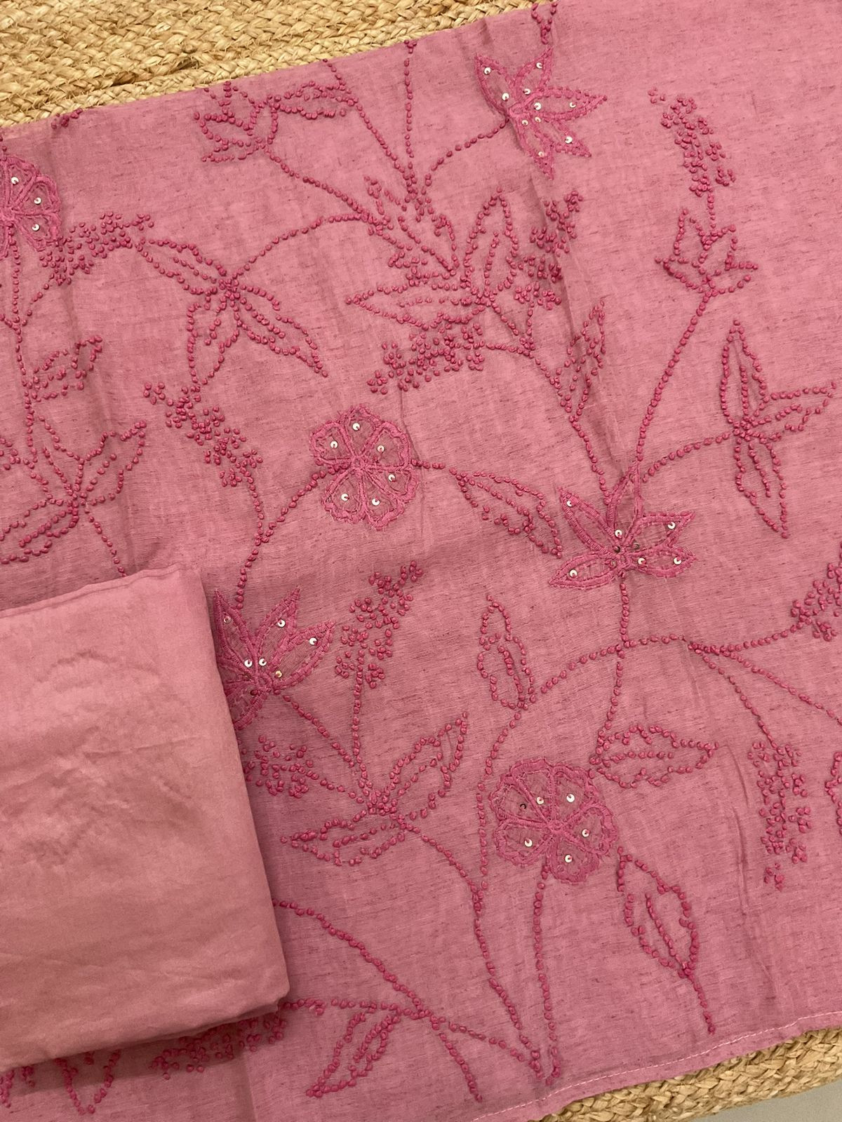 Pure Slub Chanderi Embroidered Suit - Pink
