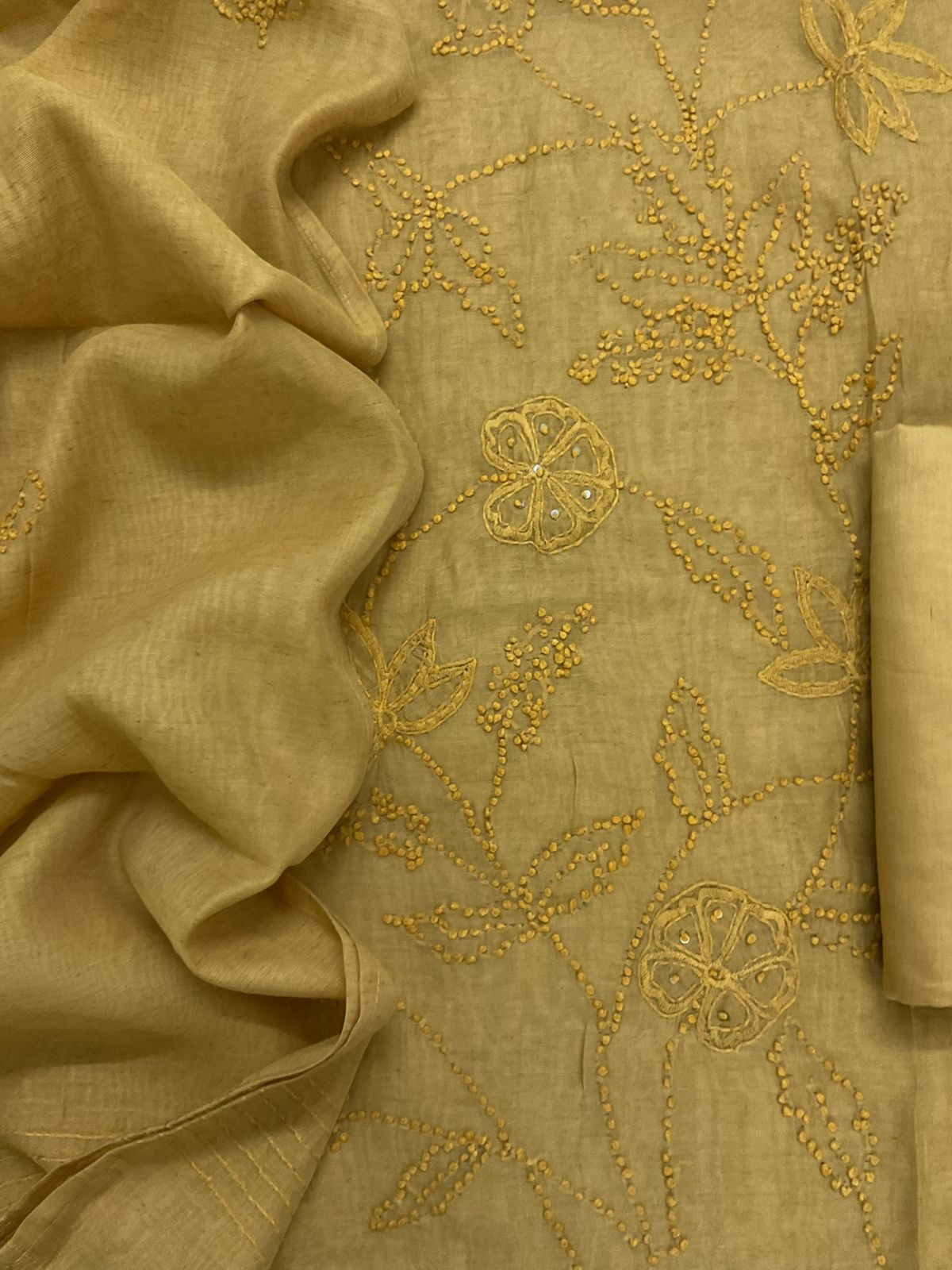 Pure Slub Chanderi Embroidered Suit - Yellow