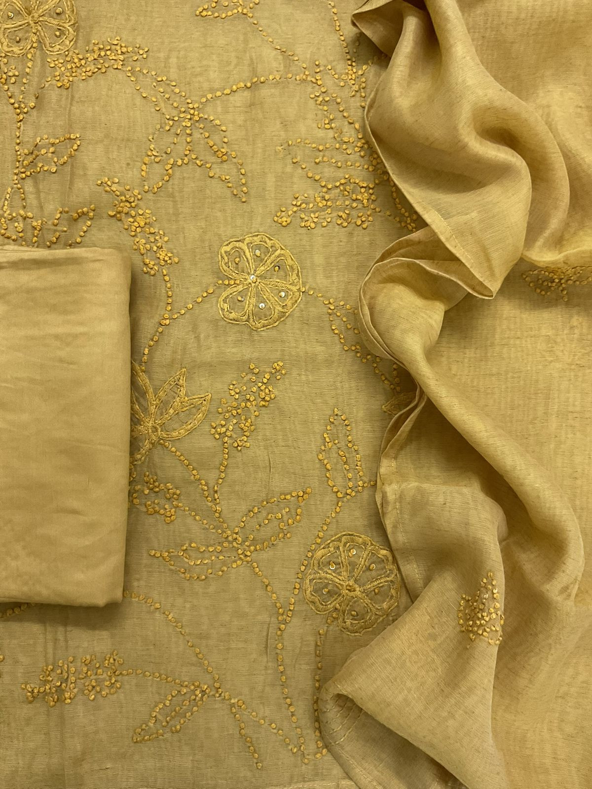 Pure Slub Chanderi Embroidered Suit - Yellow