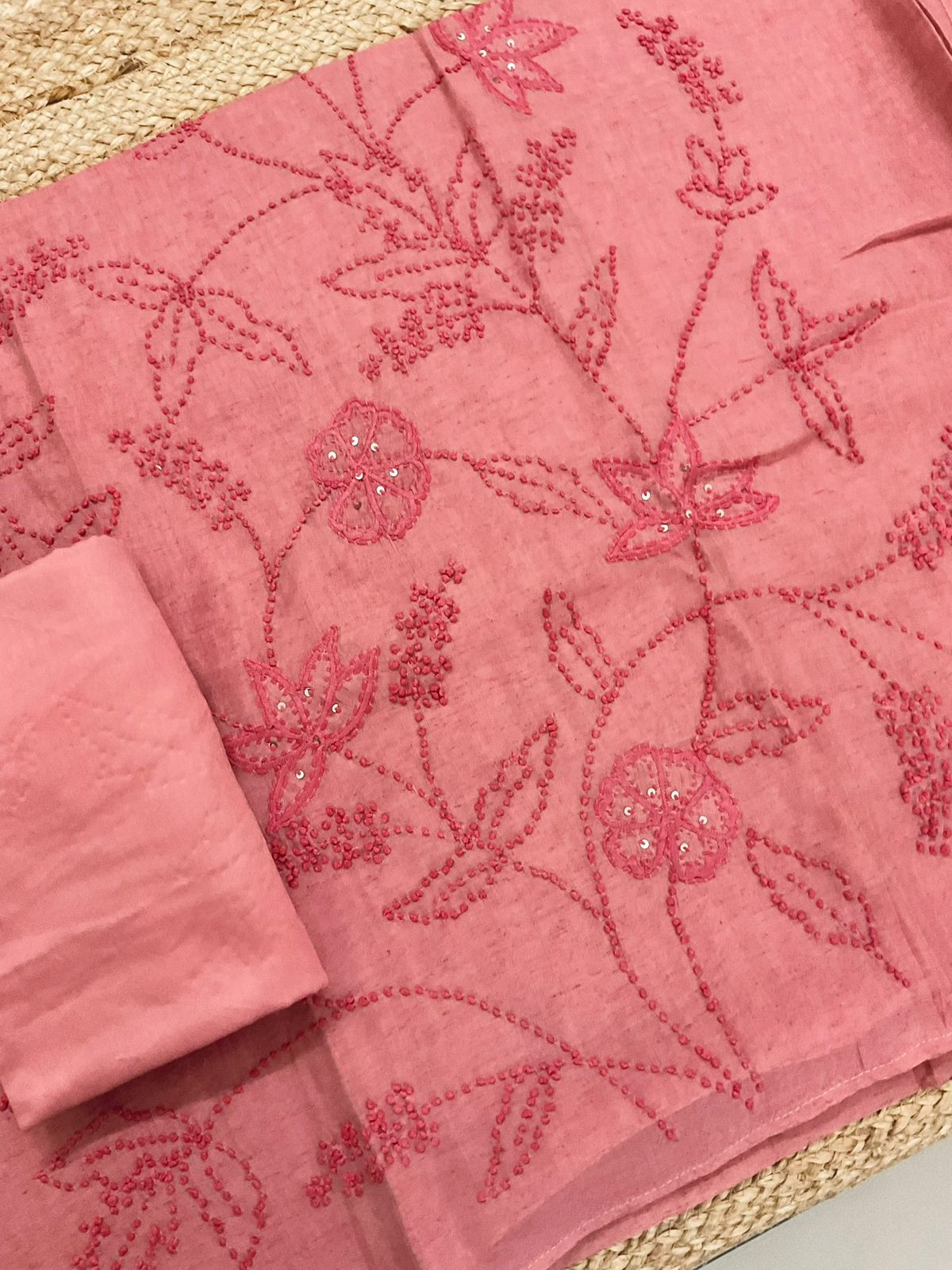 Pure Slub Chanderi Embroidered Suit - Peach