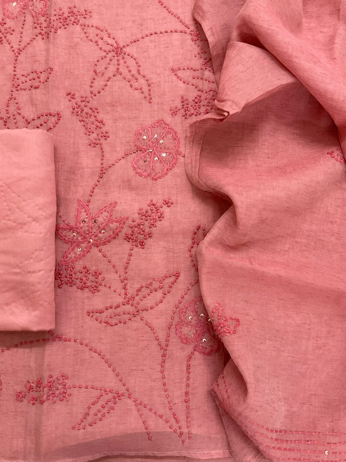 Pure Slub Chanderi Embroidered Suit - Peach