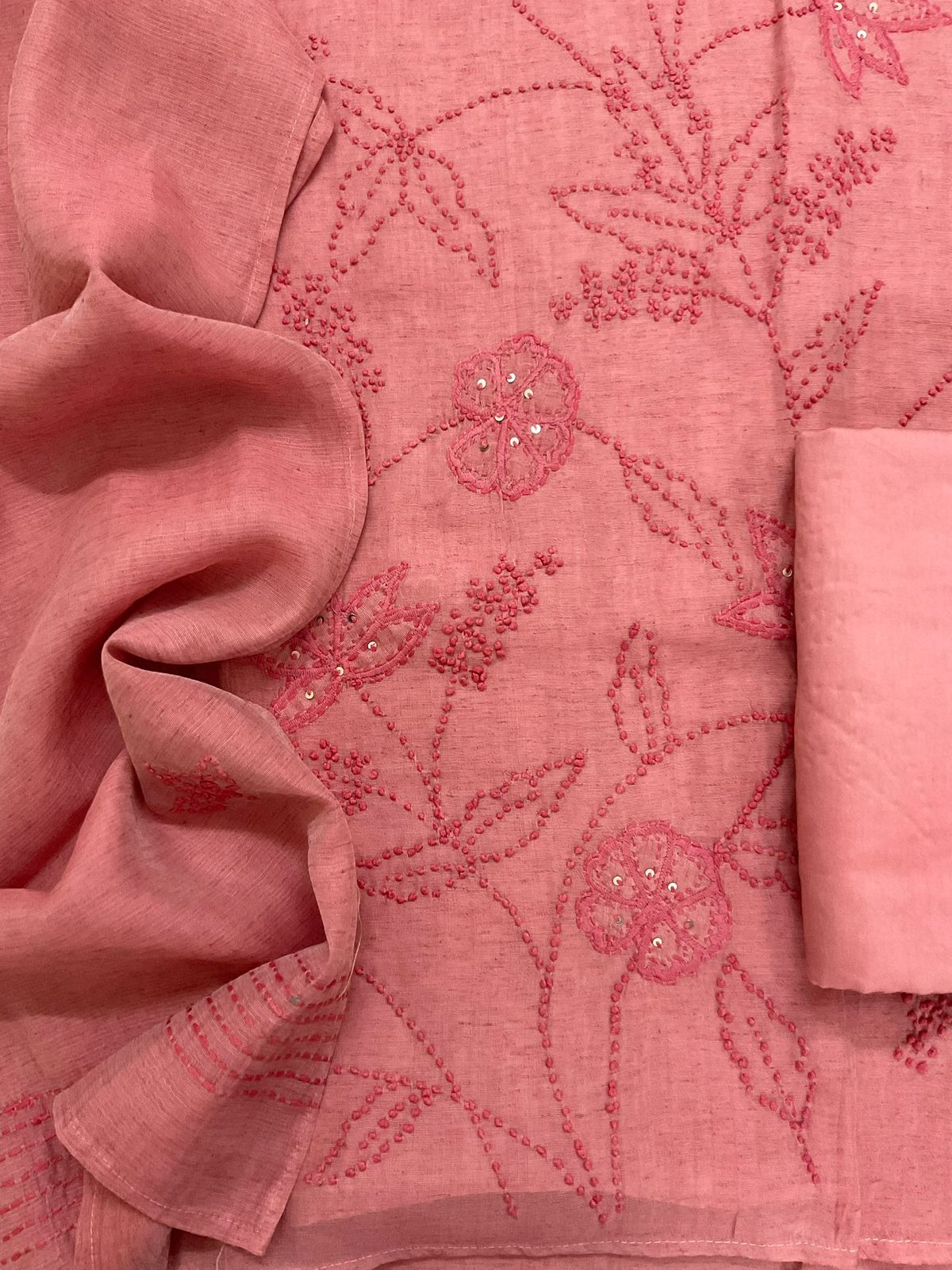 Pure Slub Chanderi Embroidered Suit - Peach