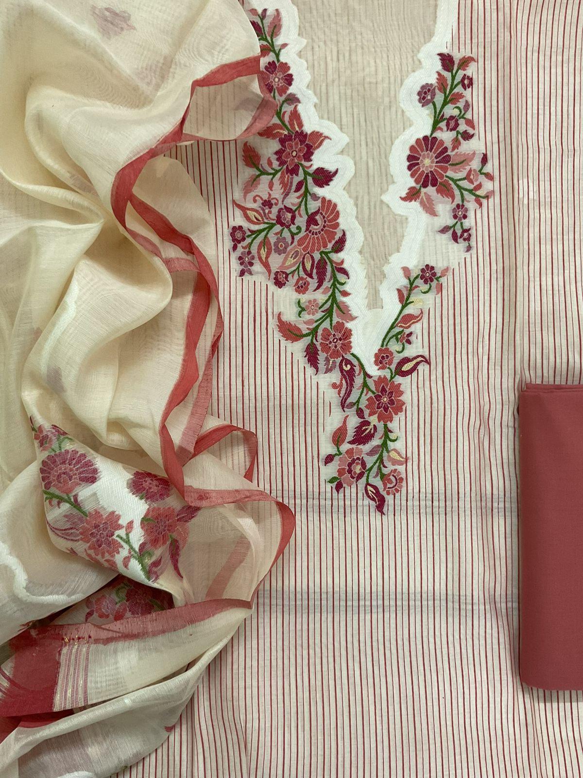 Pure Chanderi Printed Jamdani Weaved Suit - Cream