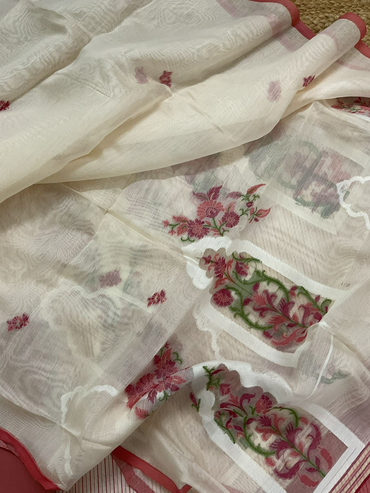 Pure Chanderi Printed Jamdani Weaved Suit - Cream