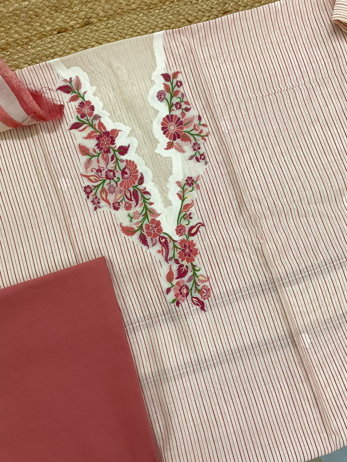 Pure Chanderi Printed Jamdani Weaved Suit - Cream