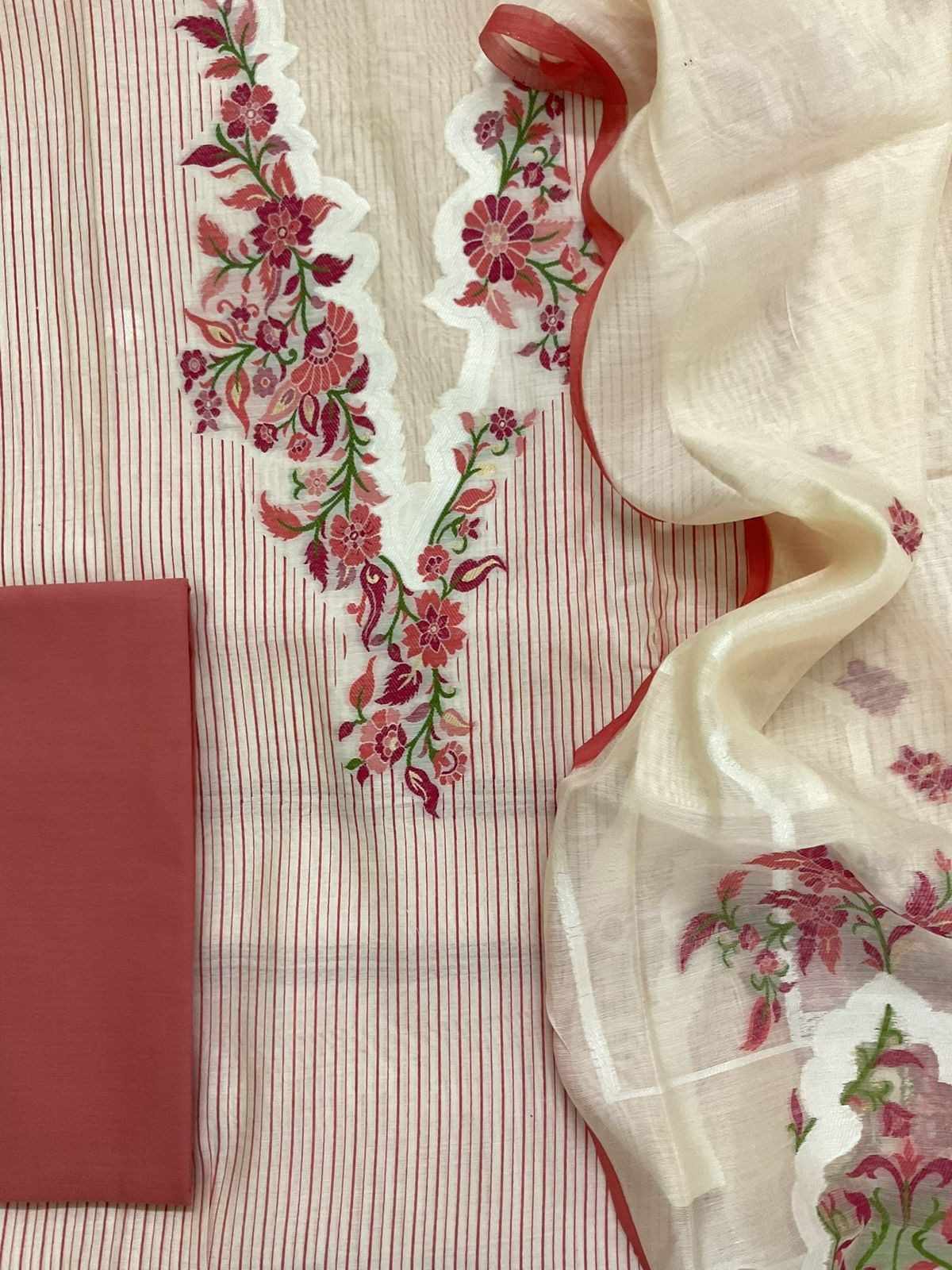 Pure Chanderi Printed Jamdani Weaved Suit - Cream