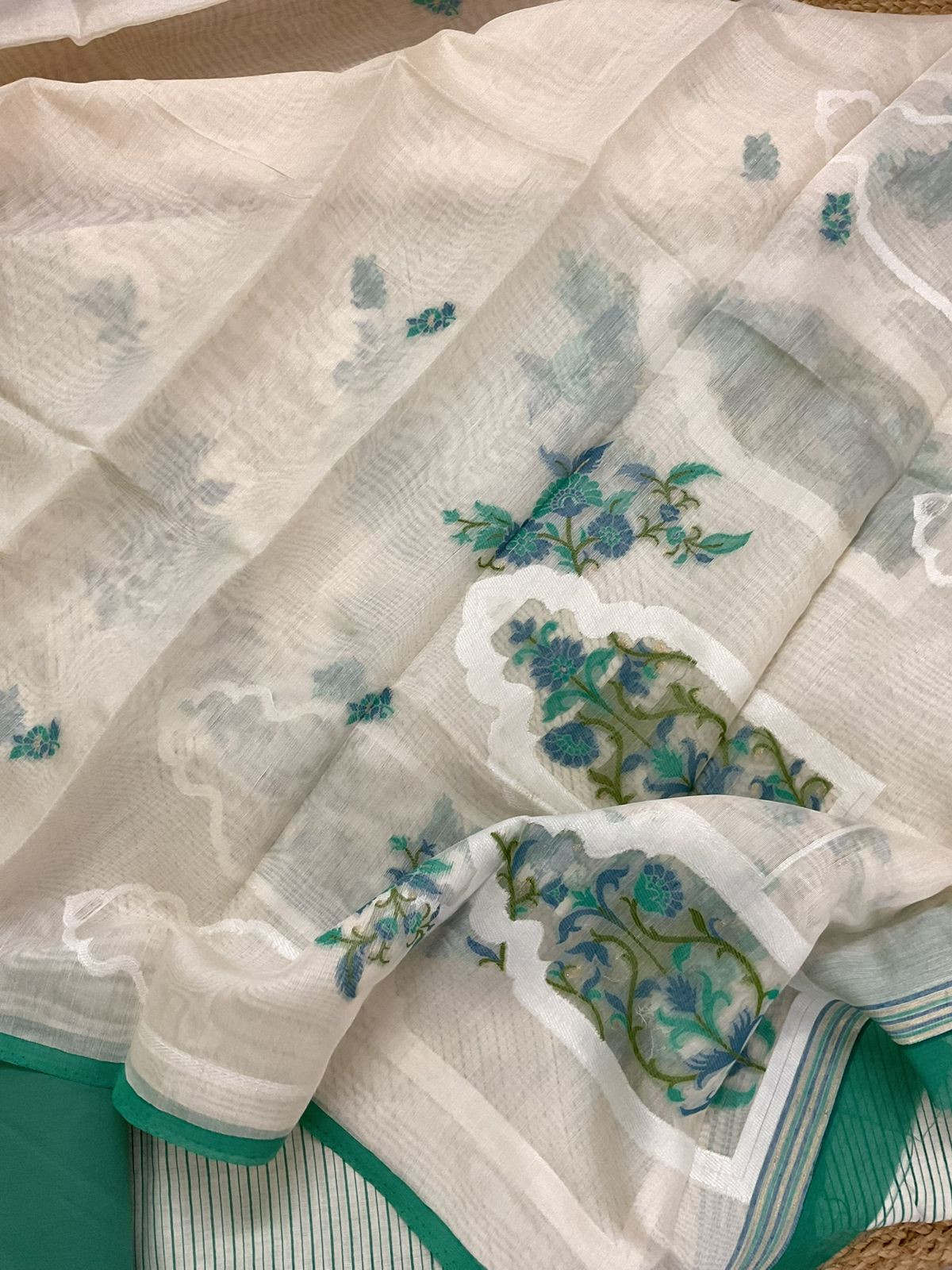 Pure Chanderi Printed Jamdani Weaved Suit - Cream