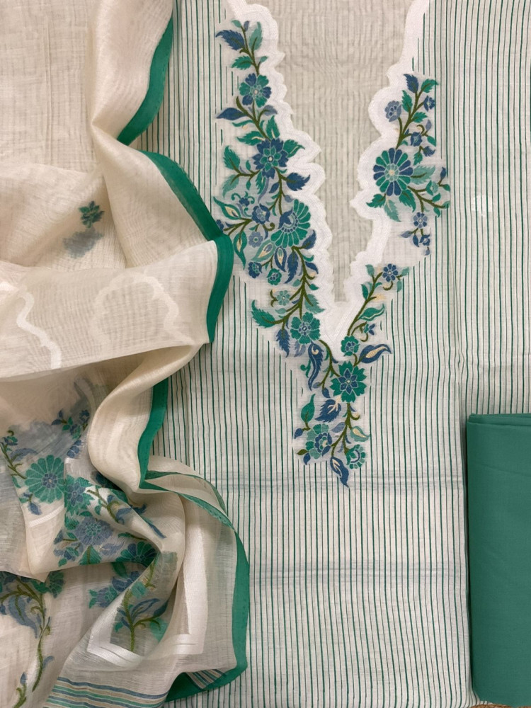 Image of Pure Chanderi Printed Jamdani Weaved Suit - Cream