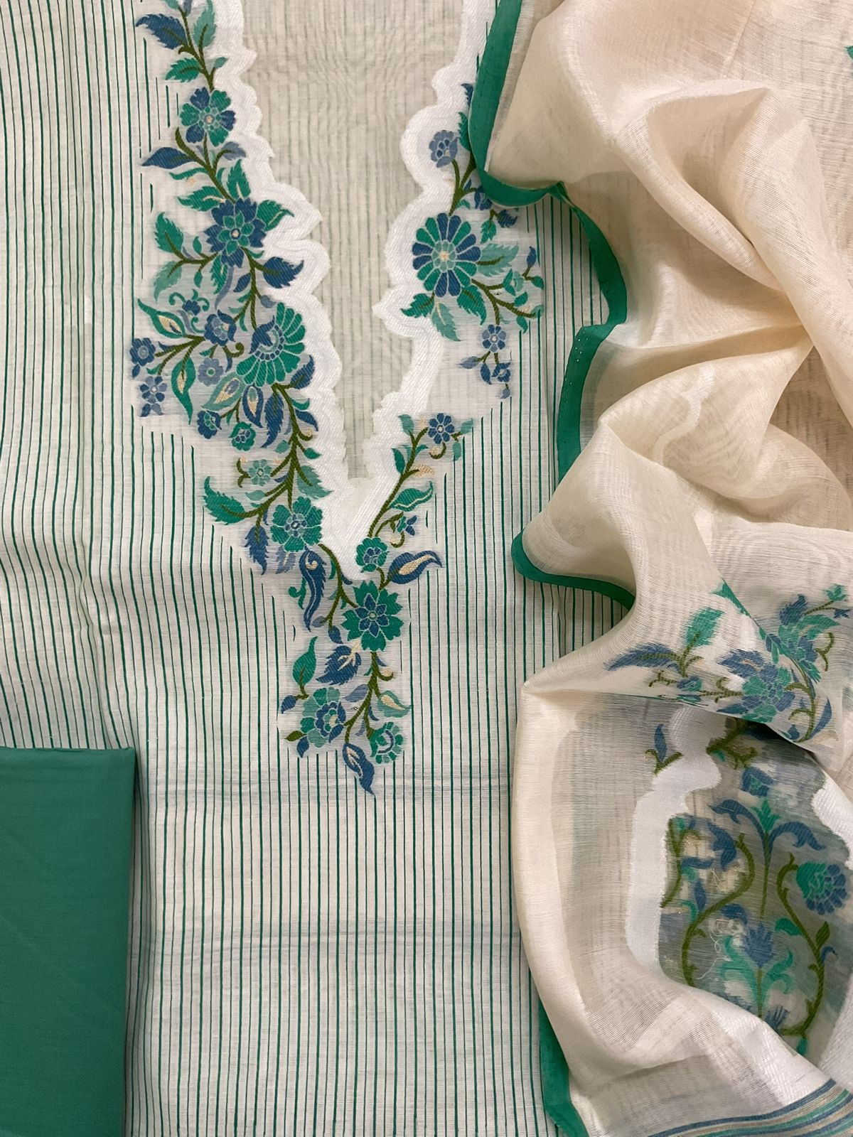 Pure Chanderi Printed Jamdani Weaved Suit - Cream