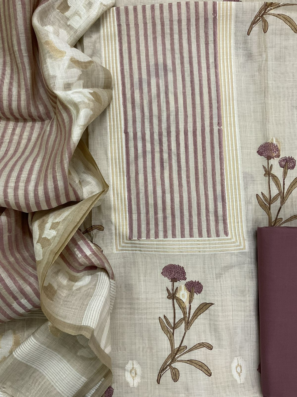 Soft Kora Chanderi Printed Jamdani Weaved Suit - Beige