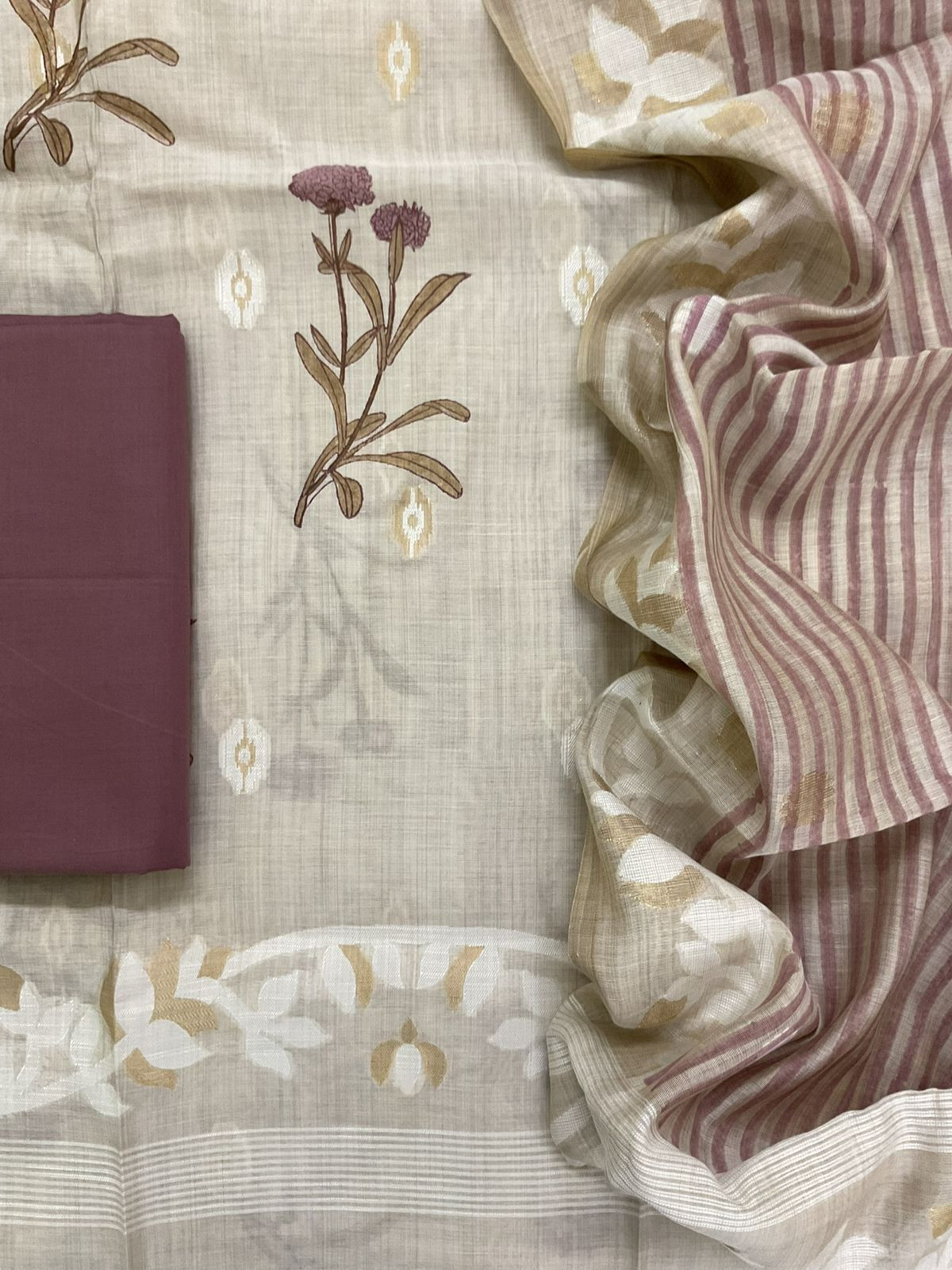Soft Kora Chanderi Printed Jamdani Weaved Suit - Beige