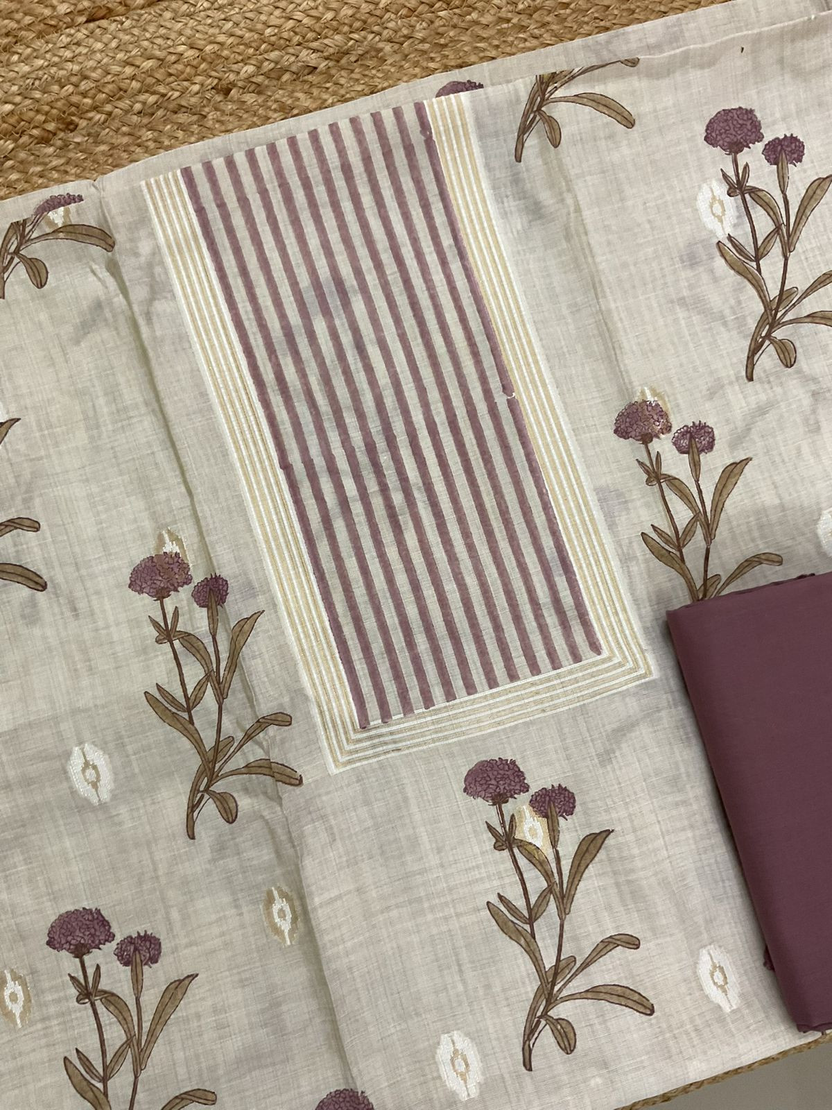 Soft Kora Chanderi Printed Jamdani Weaved Suit - Beige