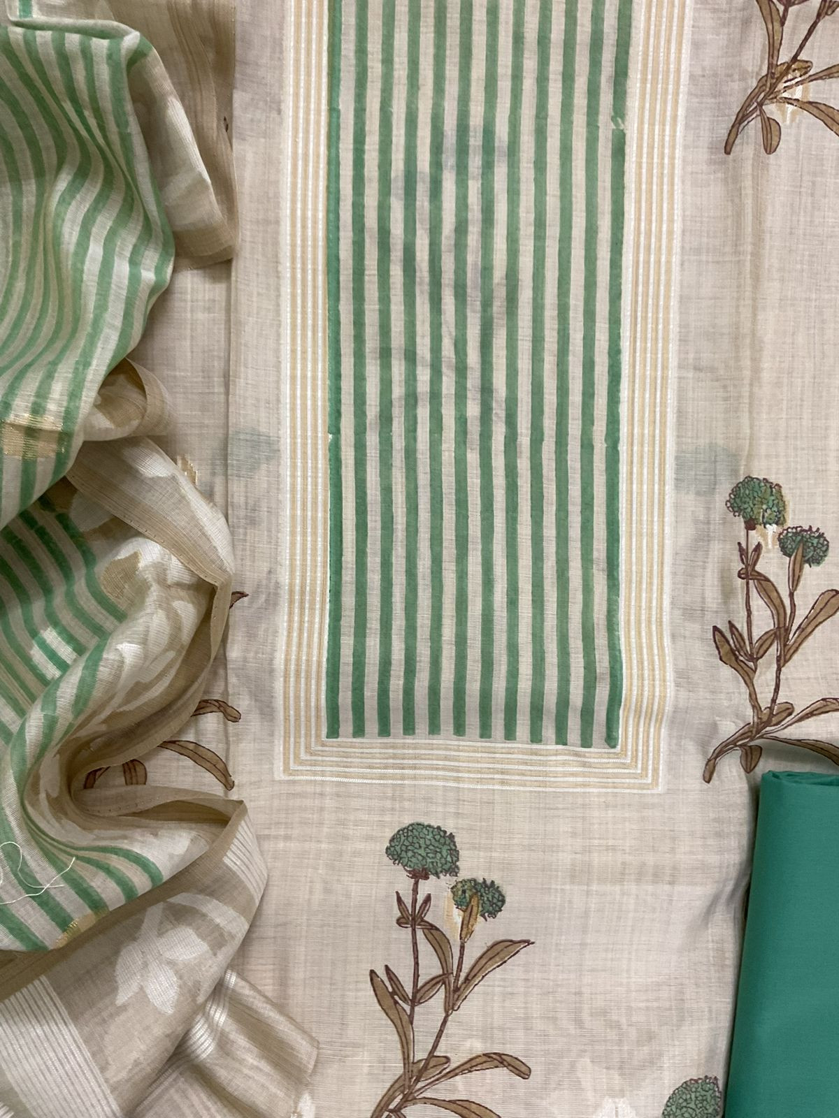 Soft Kora Chanderi Printed Jamdani Weaved Suit - Beige