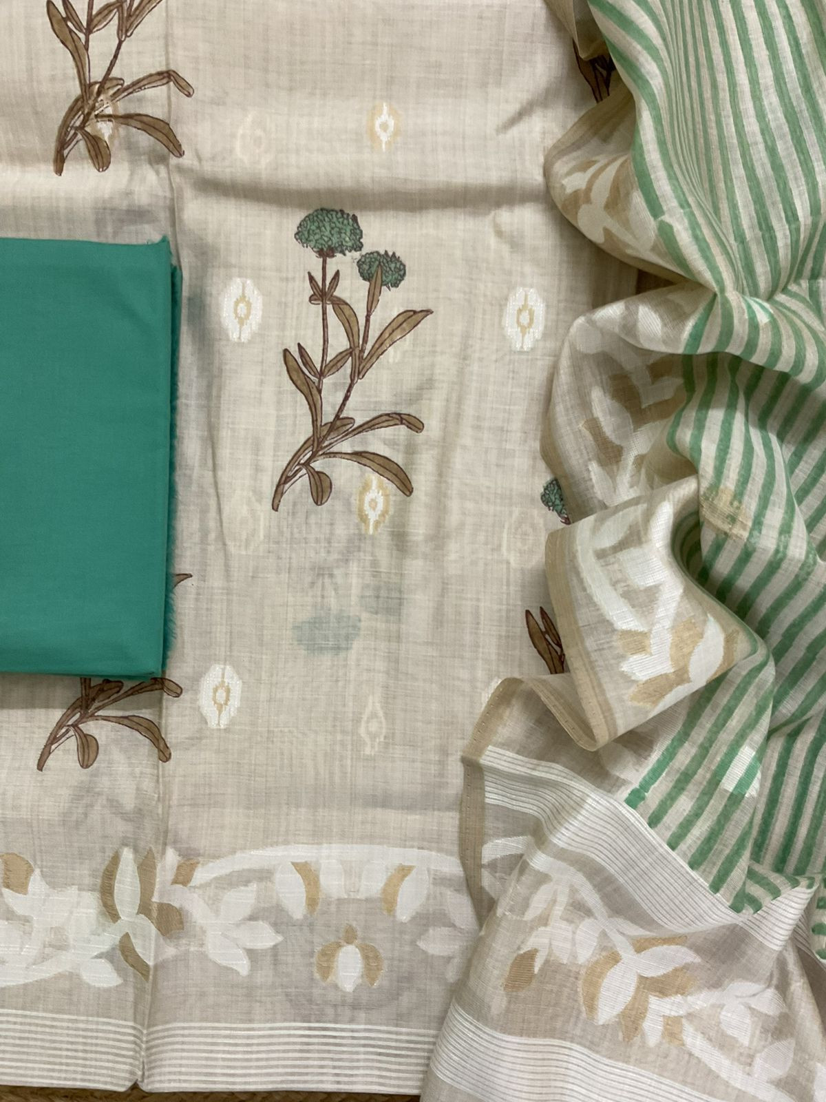Soft Kora Chanderi Printed Jamdani Weaved Suit - Beige
