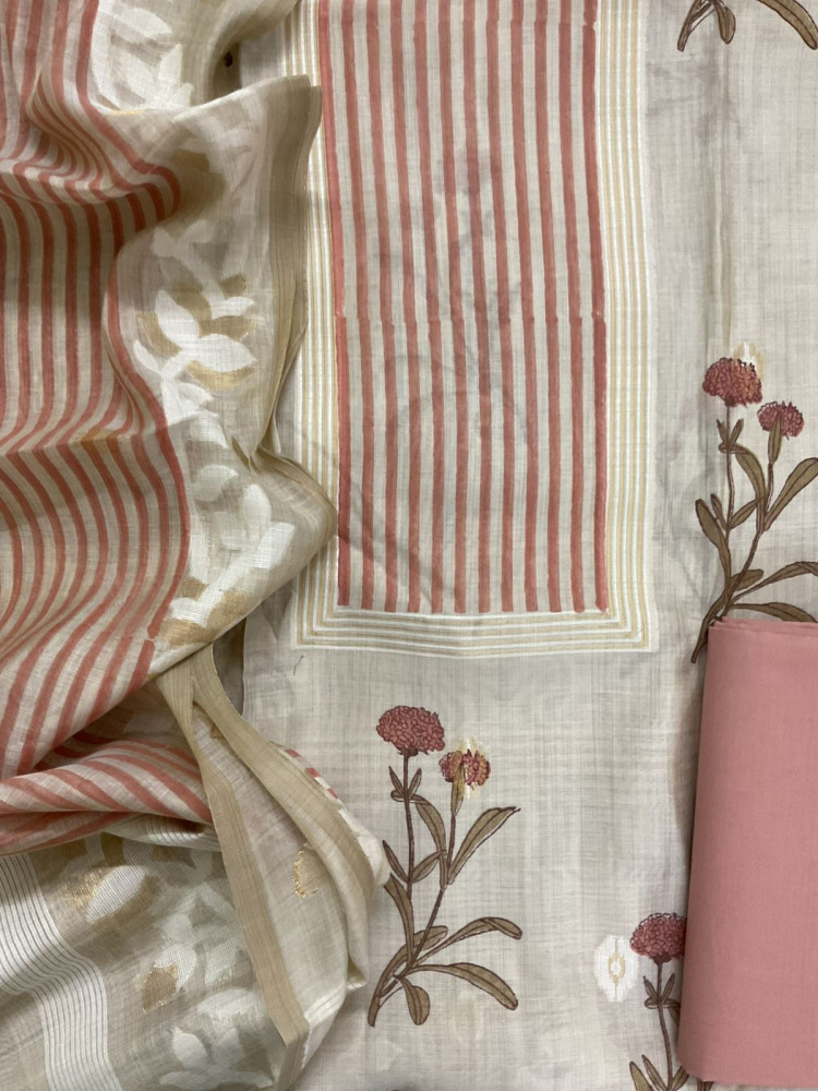 Image of Soft Kora Chanderi Printed Jamdani Weaved Suit - Beige