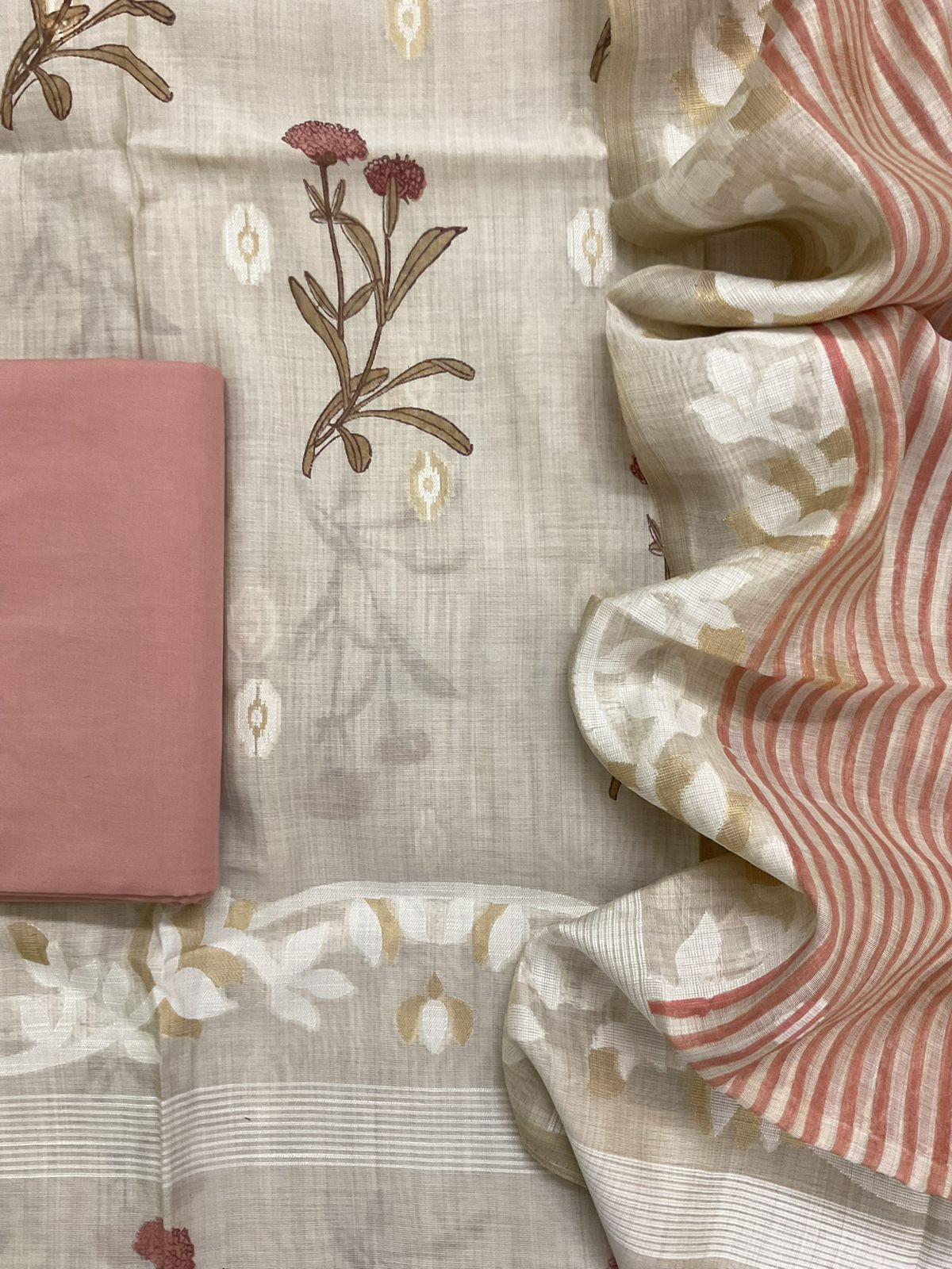 Soft Kora Chanderi Printed Jamdani Weaved Suit - Beige