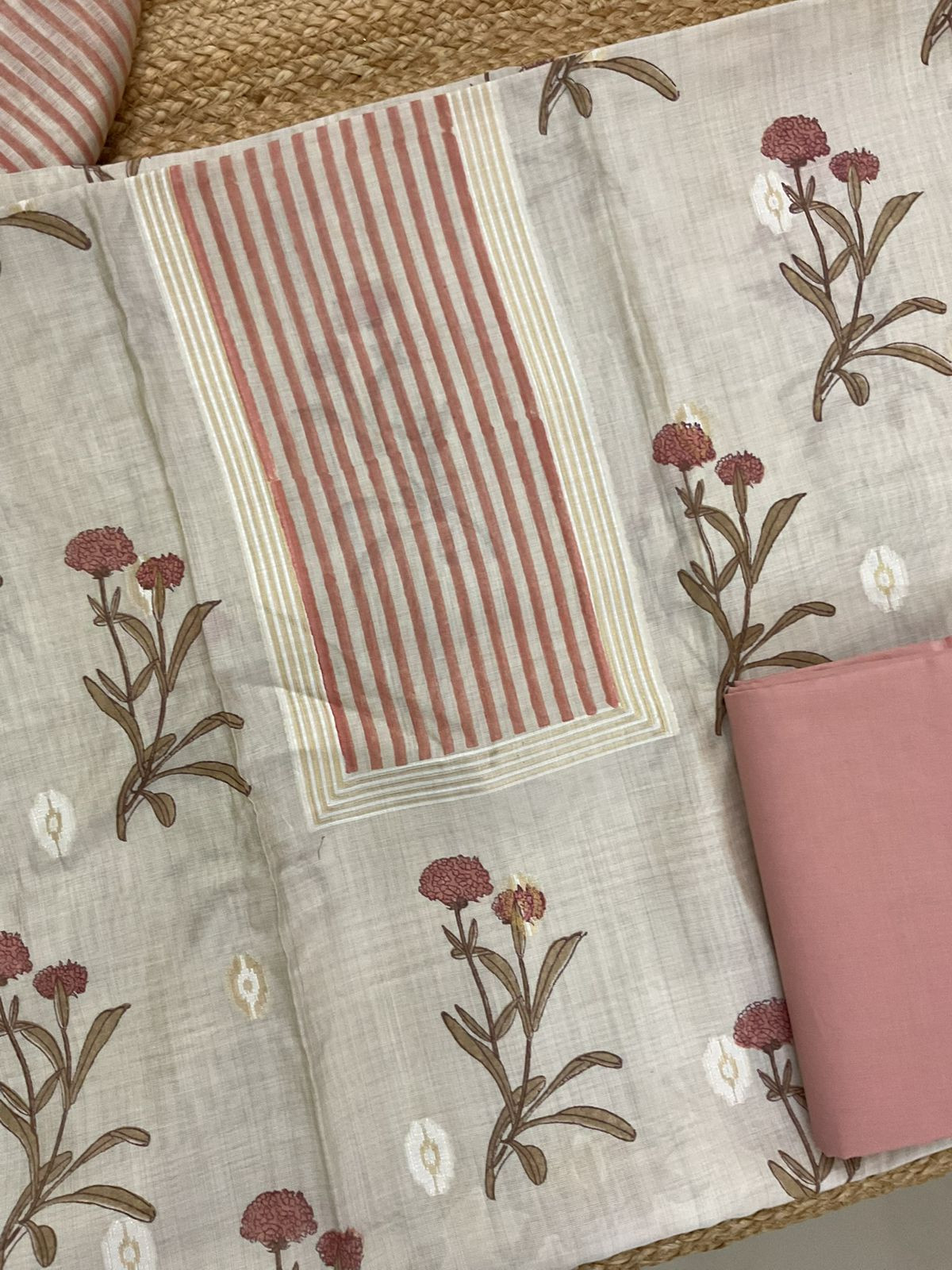 Soft Kora Chanderi Printed Jamdani Weaved Suit - Beige
