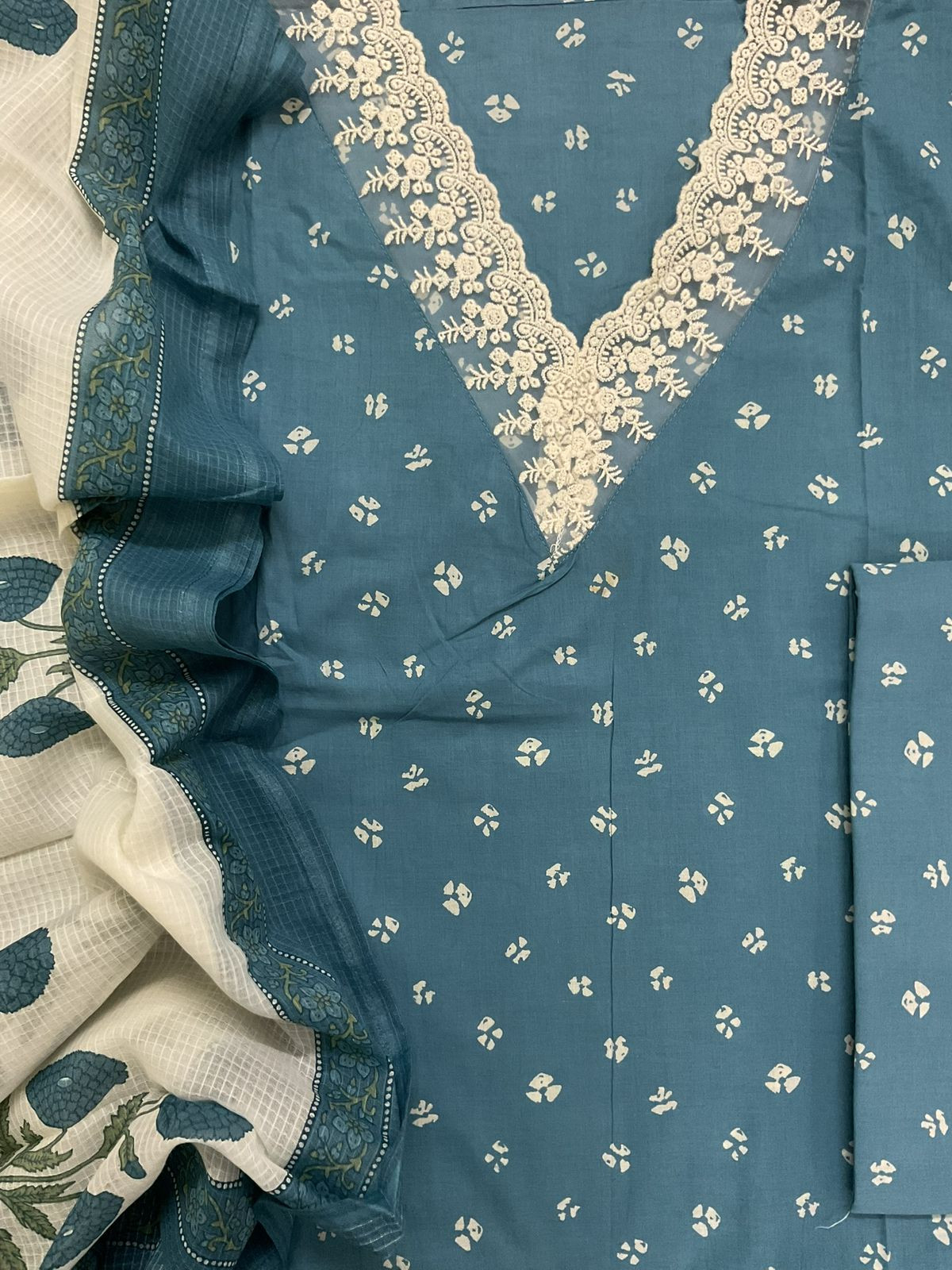 Pure Cotton Printed Embroidered Suit - Blue