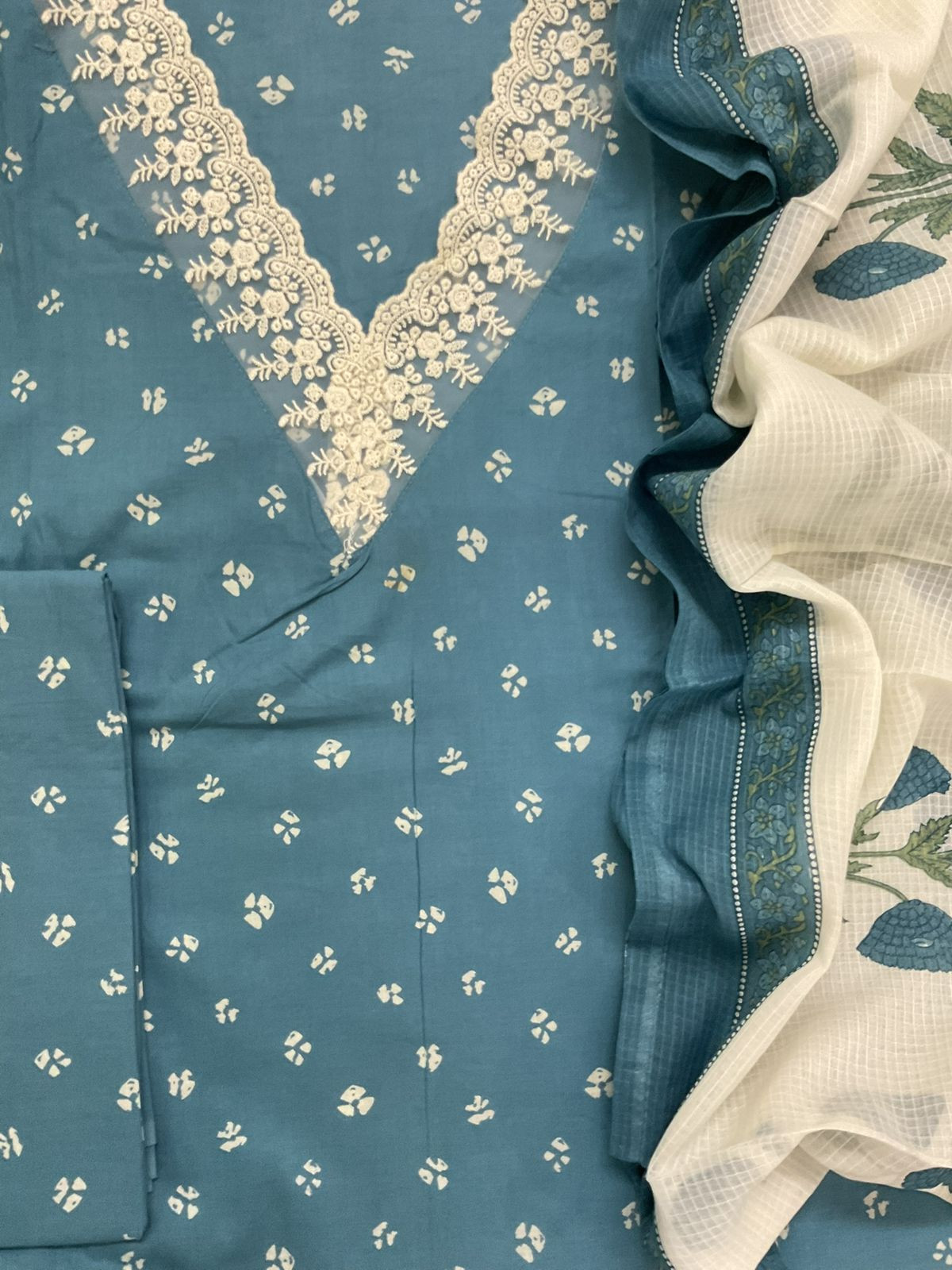 Pure Cotton Printed Embroidered Suit - Blue