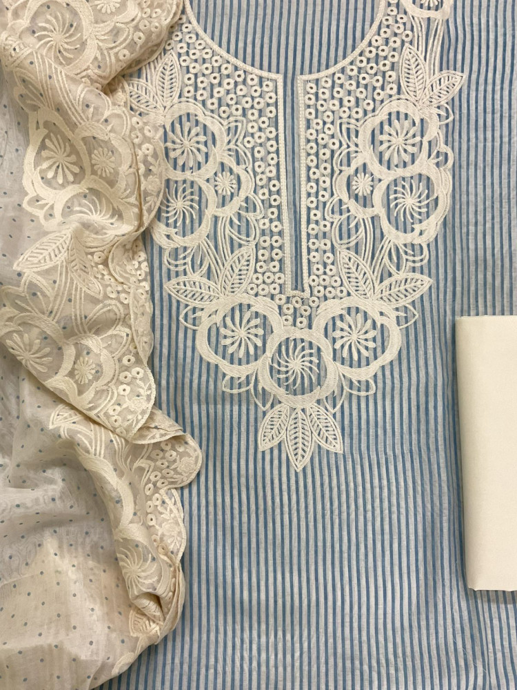 Image of Pure Chanderi Printed Embroidered Suit - Blue