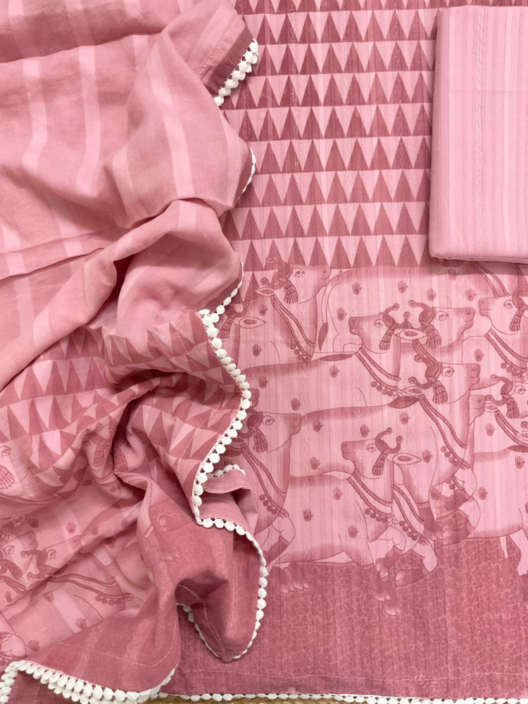 Image of Pure Cotton Printed Self Weaved Suit - Pink
