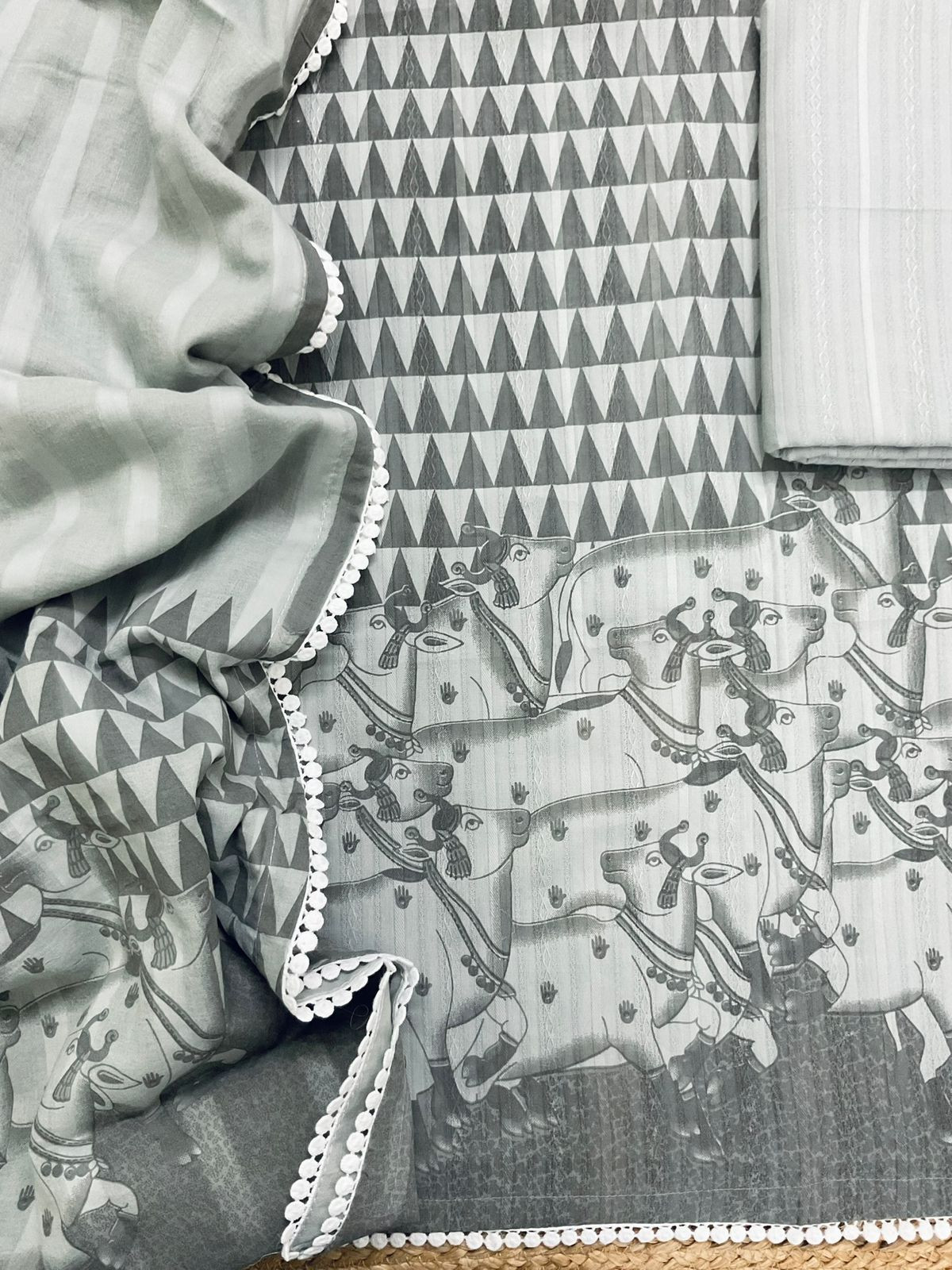 Pure Cotton Printed Self Weaved Suit - Grey
