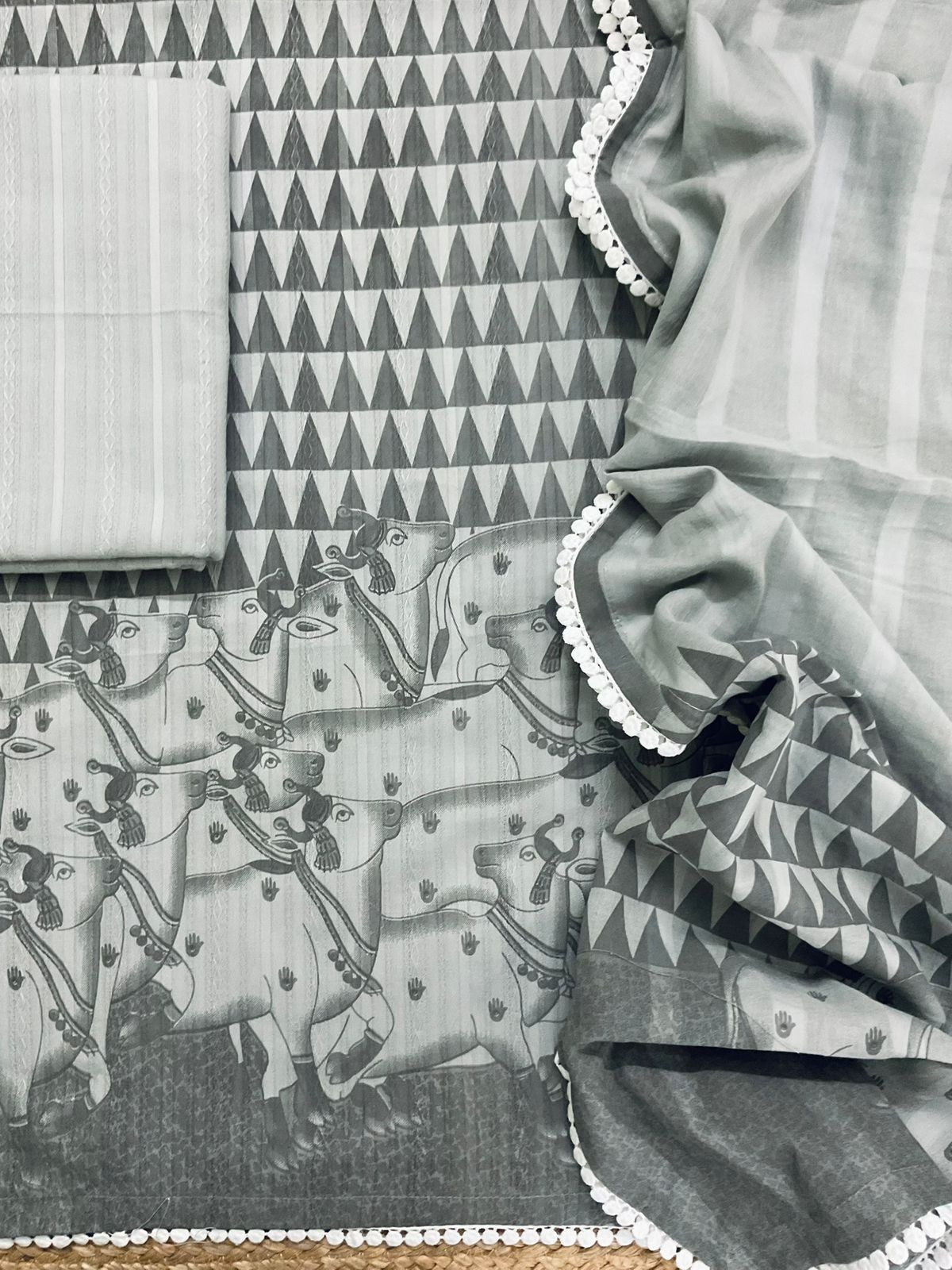 Pure Cotton Printed Self Weaved Suit - Grey