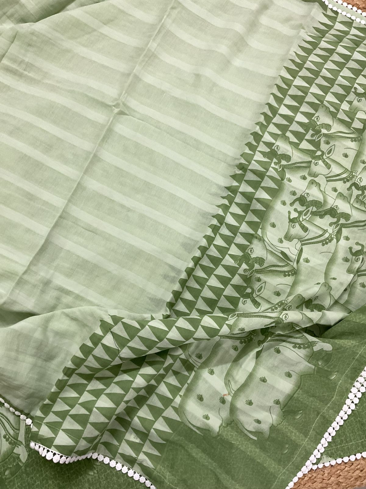 Pure Cotton Printed Self Weaved Suit - Green