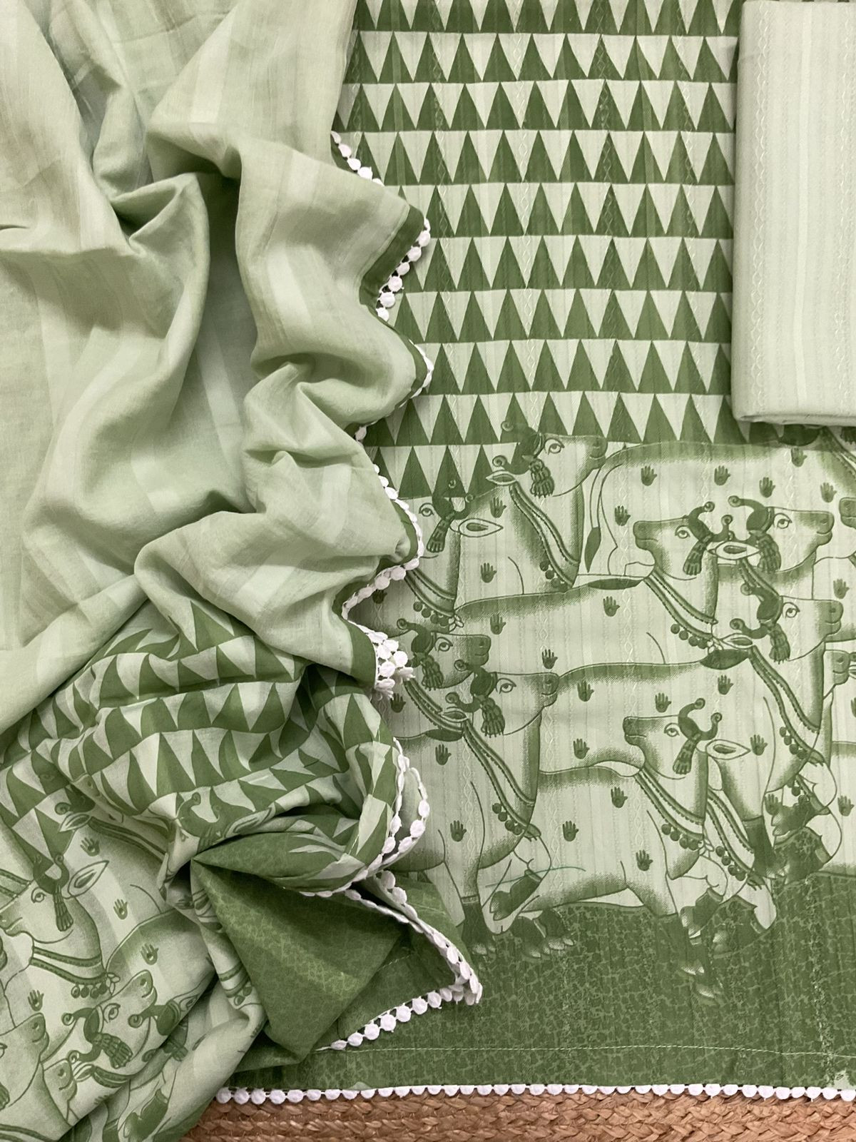 Pure Cotton Printed Self Weaved Suit - Green