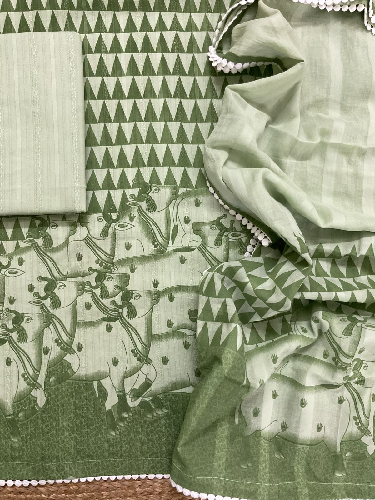 Pure Cotton Printed Self Weaved Suit - Green