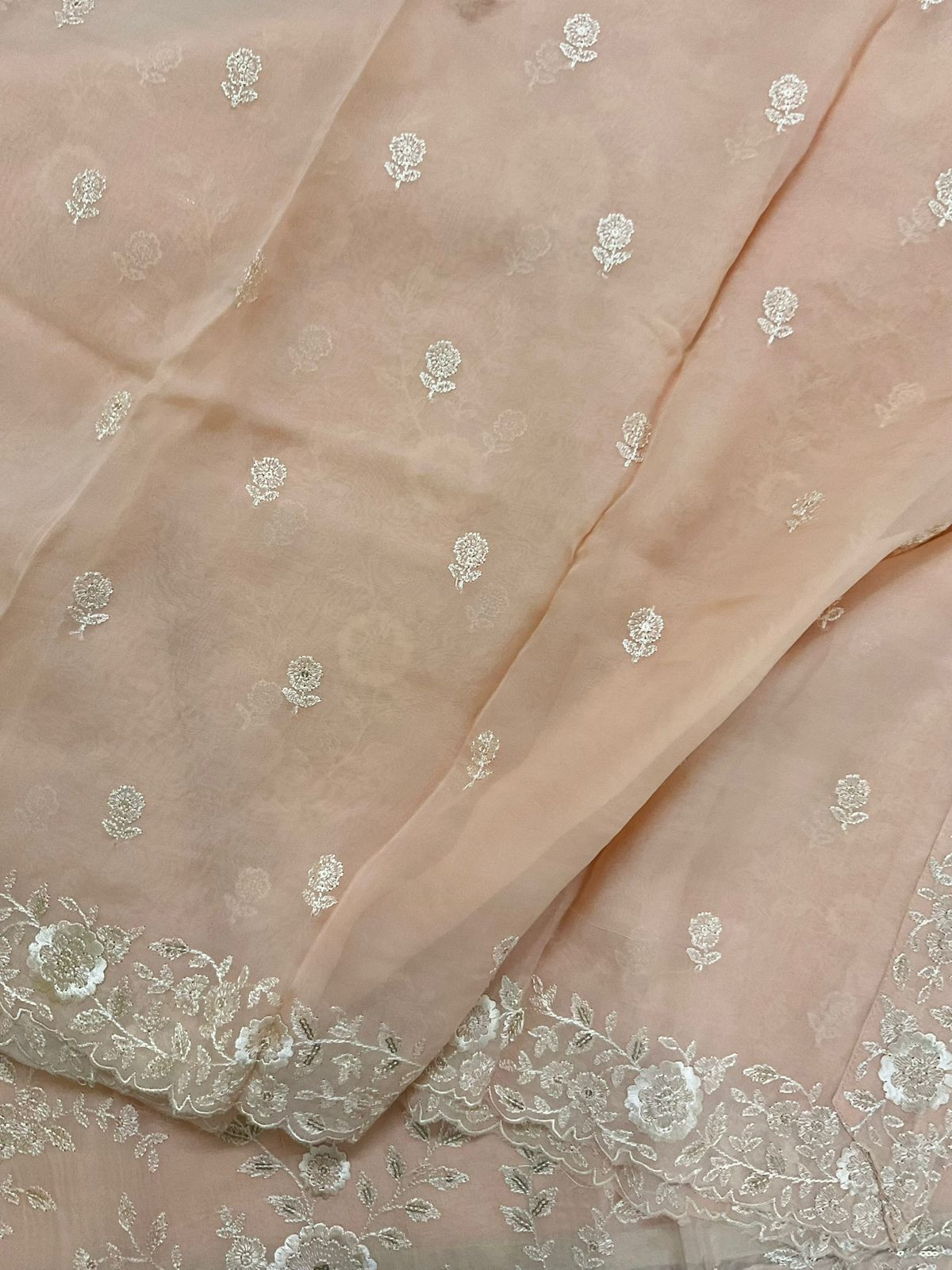 Pure Organza Embroidered Suit - Peach