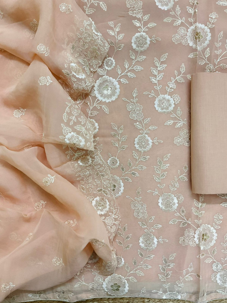 Image of Pure Organza Embroidered Suit - Peach