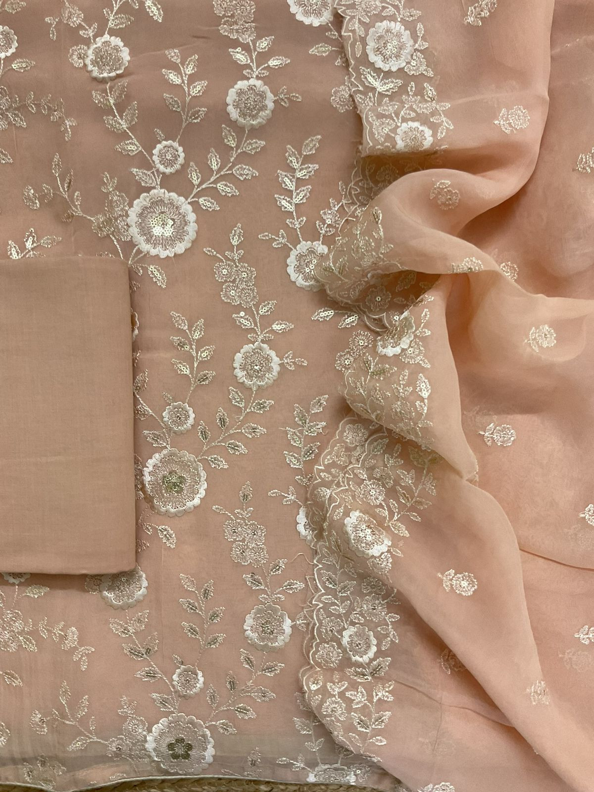 Pure Organza Embroidered Suit - Peach