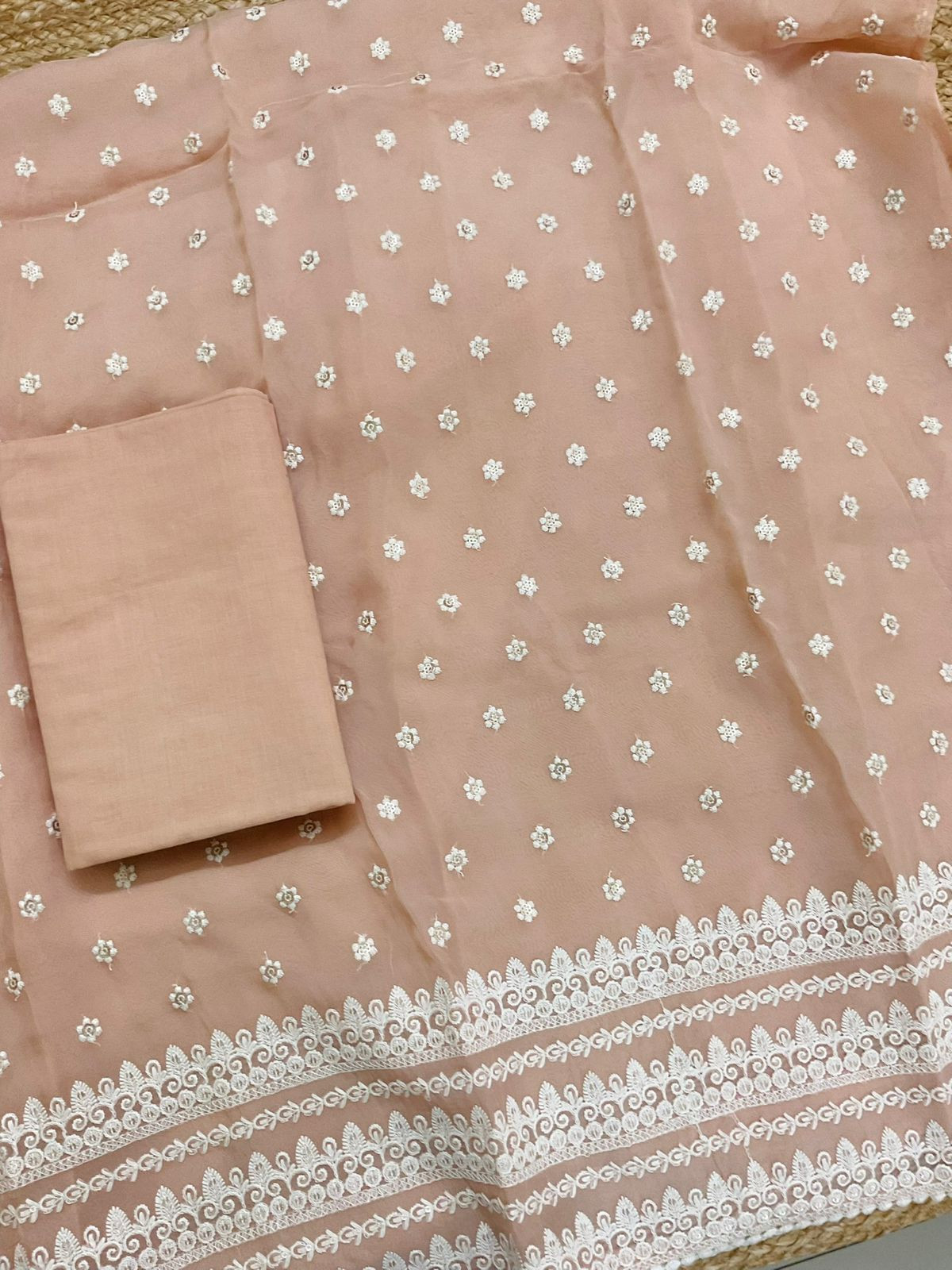 Pure Organza Embroidered Suit - Peach