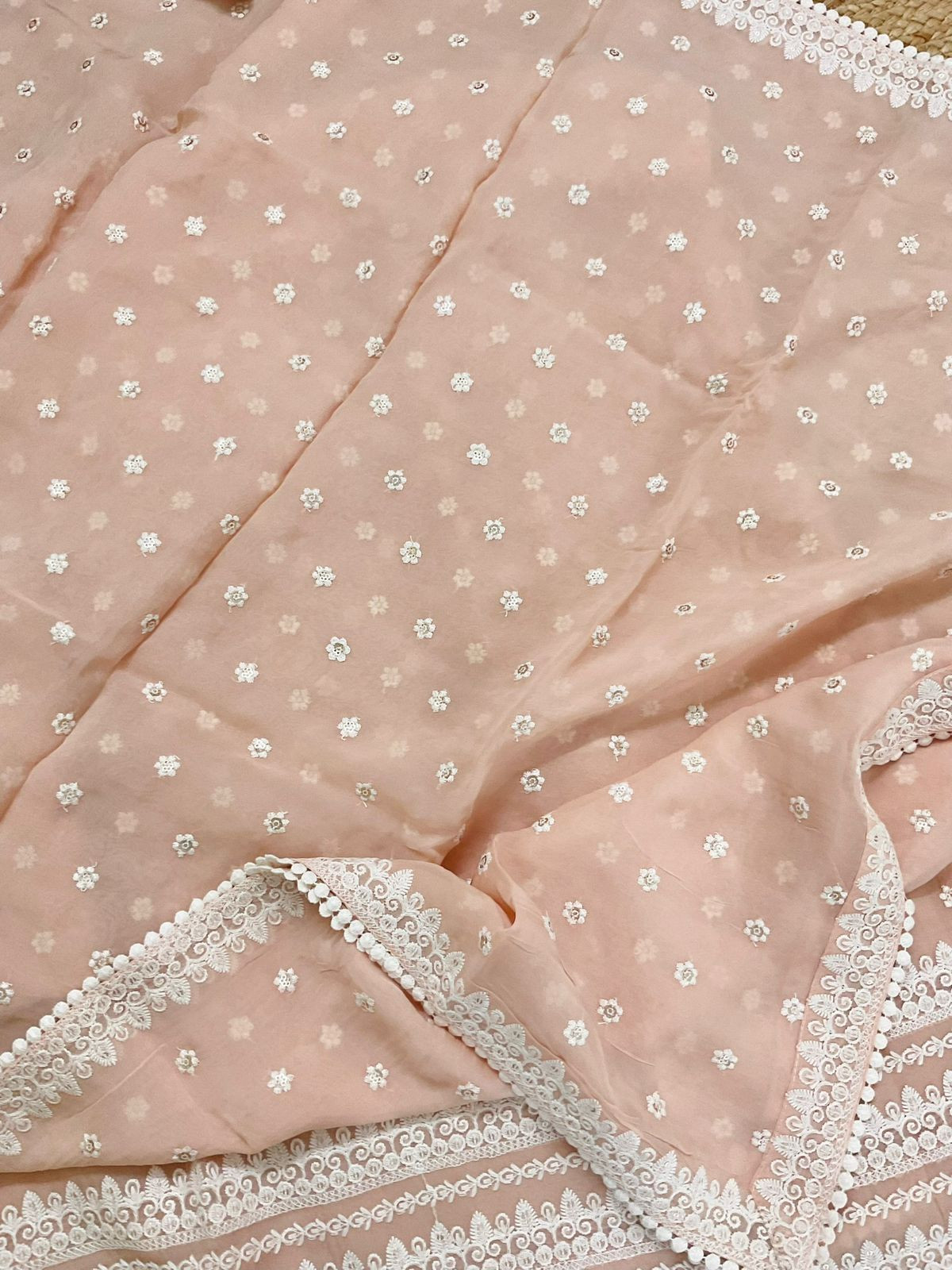 Pure Organza Embroidered Suit - Peach