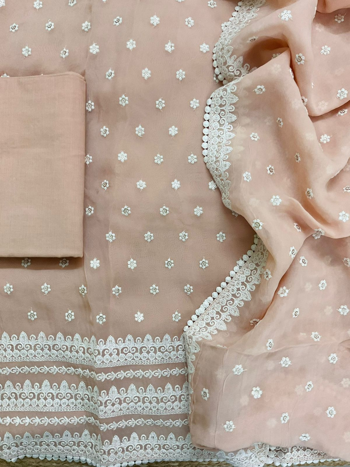Pure Organza Embroidered Suit - Peach