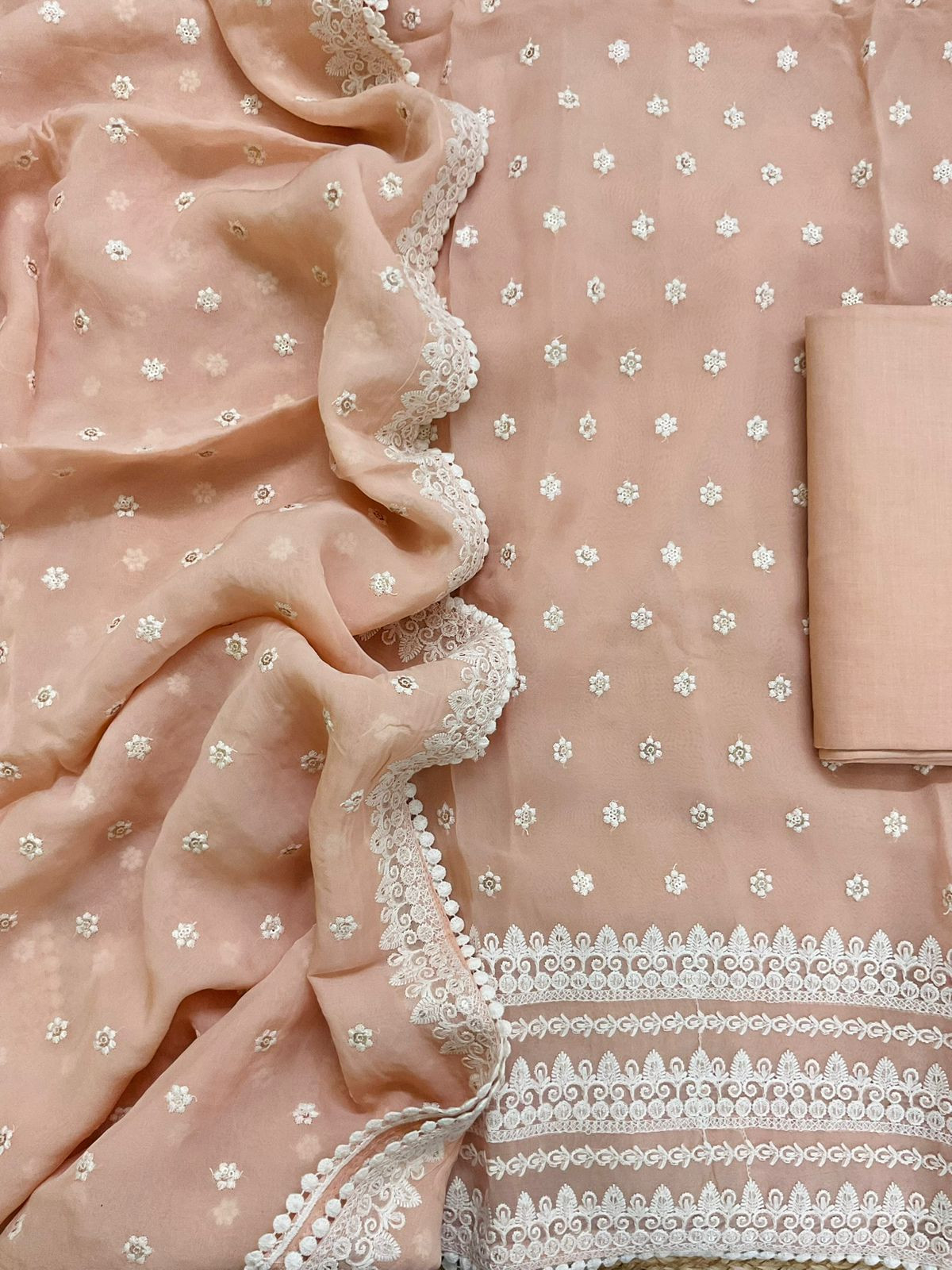 Pure Organza Embroidered Suit - Peach