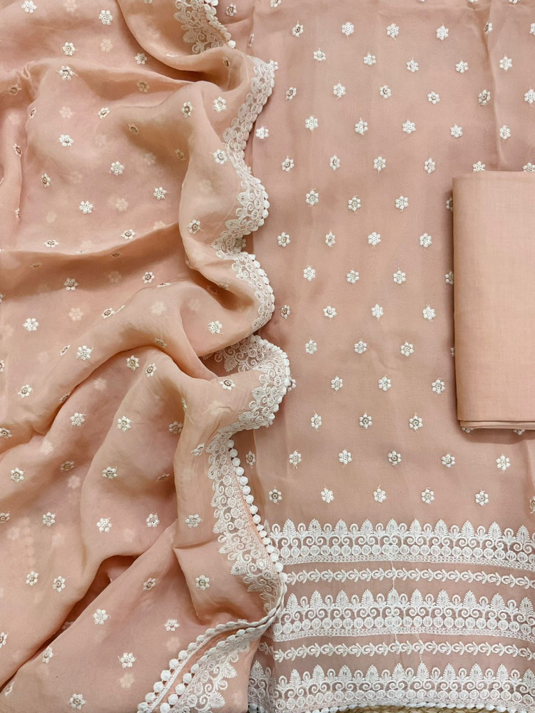 Image of Pure Organza Embroidered Suit - Peach